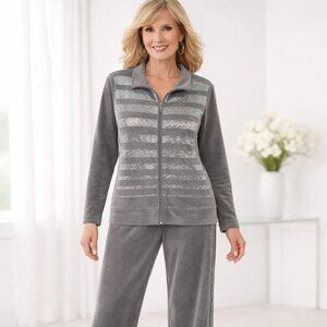 Midnight Velvet Gray Sequin Velour 2‑Pc Zip Jacket Pant Set Women’s L Soft Glam